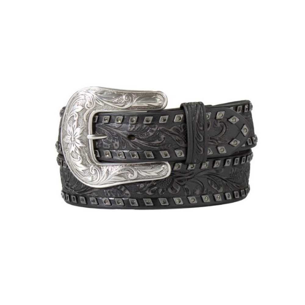 Angel Ranch ladies 1 1/2 floral embossed gun metal diamond black belt w/buckle